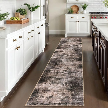 IOHOUZE Abstract Runner Rug 2x10 Ft Washable Runners for Hallways, Non Slip Kitchen Runner Printed Faux Wool Entryway Runner Indoor, Modern Abstract Floor Carpet for Hall Kitchen, Brown/Rust