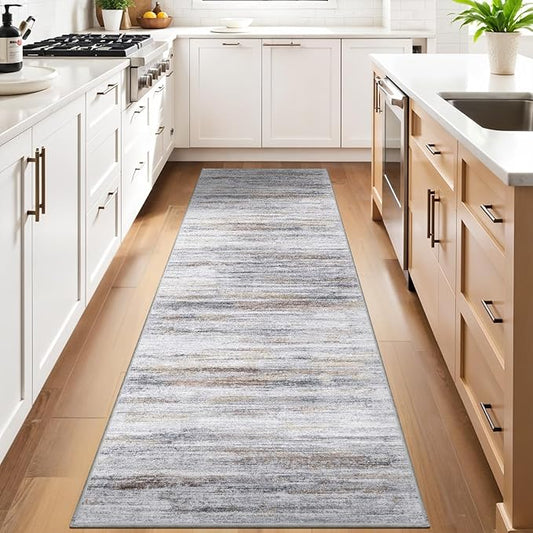 3x10 Washable Runner Rug for Family: Easy-to-Clean Runners for Hallway Entryway Bedroom - Stain and Water Resistant Rugs with Non-Slip Backing - Soft Low-Pile Carpet 10ft Beige Grey