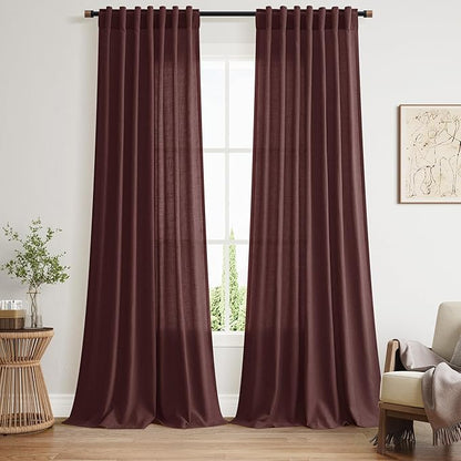 Nanspring Reddish Brown Linen Blend Light Filtering Back Tab Curtains 102 Inches Long, Semi Sheer Privacy Drapes for Living Room & Bedroom, 52x102 inch, 2 Panels