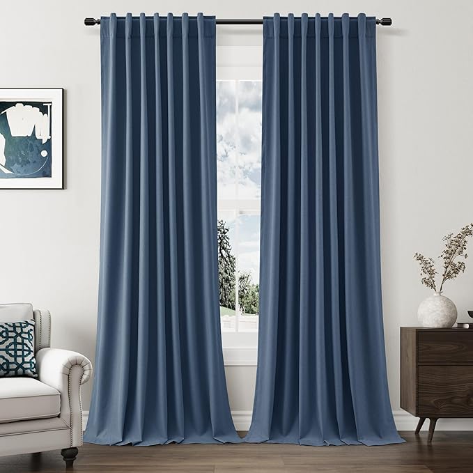 Guken 100% Blackout Curtains 90 Inch Length 2 Panels Set for Living Room Bedroom Back Tab Thermal Insulated Black Out Linen Drapes Room Darkening Window Curtains 90 Inches Long,Denim Blue