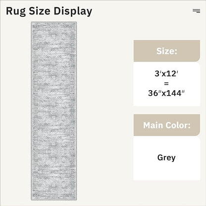 Runner Rug 3x12 Washable Non-Slip Hallway Runner Rugs for Kitchen Bathroom Laundry Room Grey Vintage Floor Carpet Runners for Hallways Entryway