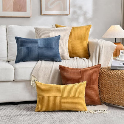 Fancy Homi 2 Packs Rust Lumbar Decorative Throw Pillow Covers 12x20 Inch for Couch Bed Sofa, Rustic Farmhouse Boho Home Decor, Soft Striped Corduroy Rectangle Accent Terracotta Cushion Case 30x50 cm