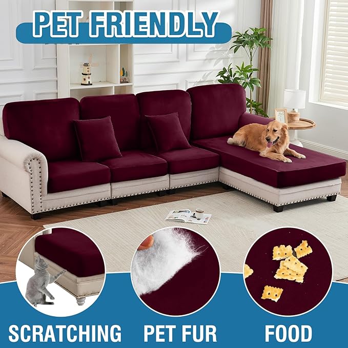 Couch Cover 6-Piece Elastic Velvet Couch Cushion Covers & Chaise Slipcovers for L-Shaped Sofas, Sofa Seat Covers Washable, Soft Cover for Couches (5 Seater + Chaise, Wine)