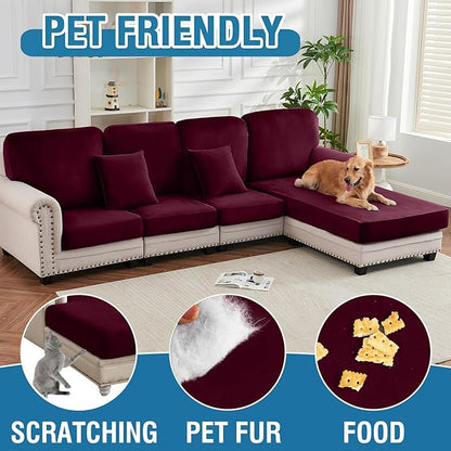 Couch Cover 6-Piece Elastic Velvet Couch Cushion Covers & Chaise Slipcovers for L-Shaped Sofas, Sofa Seat Covers Washable, Soft Cover for Couches (5 Seater + Chaise, Wine)