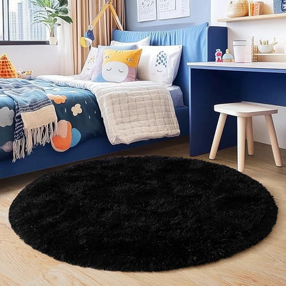 6‘x6’ Black Round Rug for Bedroom, Ultra Soft Fluffy Circle Rug for Kids Girls Boys Room, Cute Shag Rugs for Living Room Playroom Teen Room Home Decor Rug