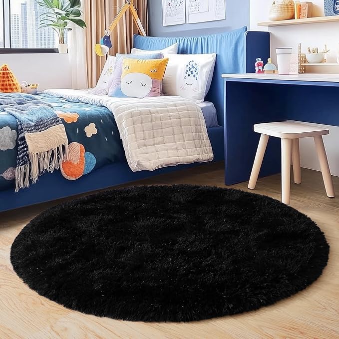 4'x4' Black Round Rug for Bedroom, Ultra Soft Fluffy Circle Rug for Kids Girls Boys Room, Cute Shag Rugs for Living Room Playroom Teen Room Home Decor Rug