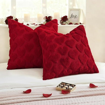 decorUhome Valentine’s Day Soft Plush Throw Pillow Covers 16x16 Inch Set of 2, Faux Fur Red Heart Decoration Neutral Square Pillow Covers for Couch Sofa Bed Cozy Farmhouse Holiday Decor