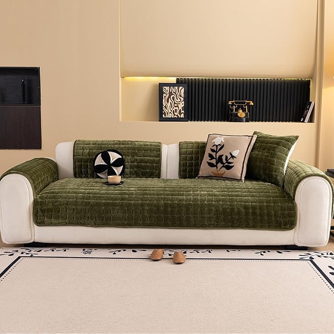 Velvet Couch Cover, Washable Sectional Sofa Cover, Anti Slip Sofa Slipcover for 3 Cushion Couch Sofa L Shaped Armrest Backrest, Furniture Protector Covers for Pets Kids(1PC,Green,36"×83")