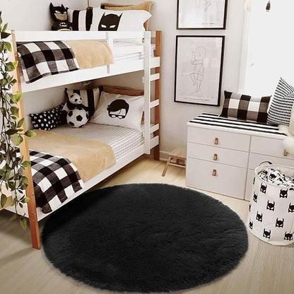 Black Round Rug 6Ft for Bedroom Aesthetic, Fluffy Plush Circle Area Rugs for Living Room, Large Big Fuzzy Modern Cool Carpet for Baby Kids Teen Boys Mens, Office Playroom Nursery Apartment Home Decor