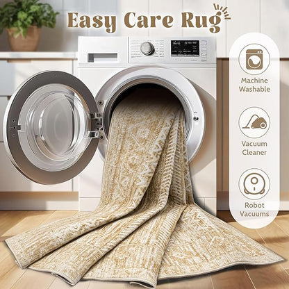 Living Room Rugs 8x10: Washable Moroccan Geometric Boho Rug Farmhouse Non Slip Stain Resistant Large Rug Low Pile Soft Carpet for Bedroom Dining Room Kids Room (Light Brown,8'x10')