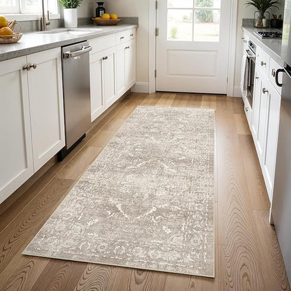 Washable 3x8 Runner Rug - Non-Slip Vintage Runner Rug for Entryway Low-Pile Medallion Long Rugs for Hallway Waterproof Traditional Runner Rug Indoor Thin Rug for Kitchen (Distressed Beige & Ivory)