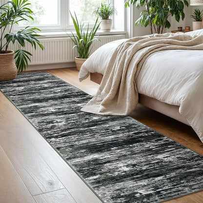 KOZYFLY Modern Abstract Hallway Runner Rug, 2x8 Kitchen Rugs Non-Slip Washable Soft Striped Runner Rugs, Print Black Grey Carpet Runner for Entryway Bathroom Laundry Room Foyer