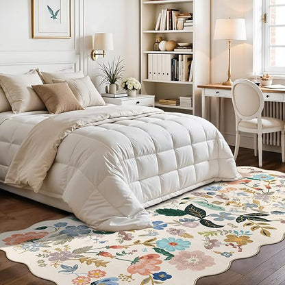 Washable 4x8 Wide Runner Rug: Hallway Entryway Non Slip Scalloped Floral Rug Farmhouse Soft Stain Resistant Carpet for Kitchen Bathroom Bedroom Low Pile Pet Friendly Floor Mat (4x8,Cream)
