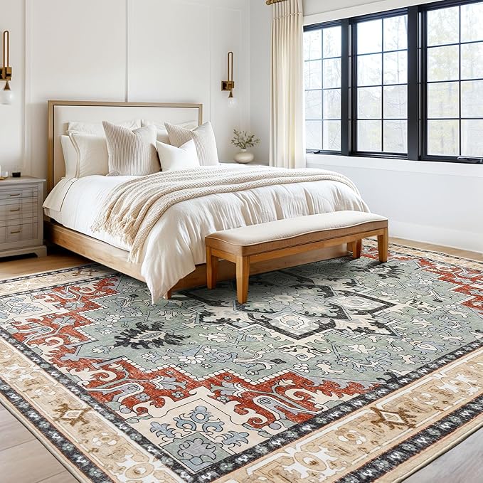Lofus 5x7 Area Rugs for Living Room and Bedroom, Machine Washable Rug for Kitchen Office, Non Slip Low Pile Carpet for Kids and Pets, Vintage Boho Soft Carpets, Beige Orange