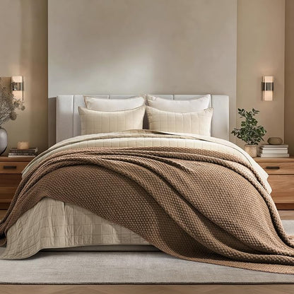 EVERGRACEHOME Chunky Chenille Knit Throw Blanket for Couch, Soft Luxurious Oversized Queen Moss Stitch Blanket for Bed, Cozy Farmhouse Knitted Throw for Sofa, Camel Brown, 90" x 90"