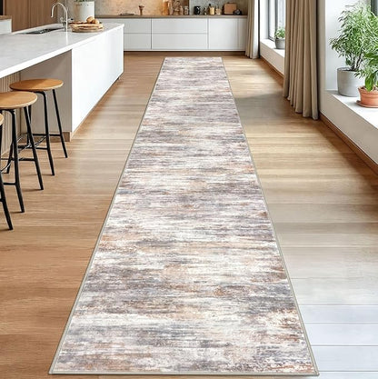 KOZYFLY Modern Abstract Washable Long Runner Rug 2.6x18 Hallway Rug Runner Non-Slip Soft Kitchen Runner Rugs, Multi Grey/Orange 18 Foot Carpet Runners for Stair Entryway Bathroom