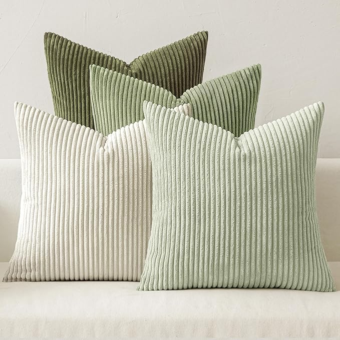 MIULEE Boho Farmhouse Throw Pillow Covers 20x20 Inch Set of 4 Mordern Neutral Green Cushion Covers Soft Corduroy Nordic Home Decor for Spring Couch Bed Sofa Living Room Green-White