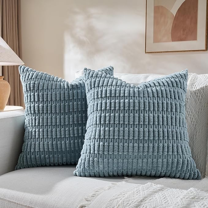 Fancy Homi 4 Packs Boho Light Blue Decorative Throw Pillow Covers 18x18 Inch for Couch Bed Sofa, Rustic Modern Farmhouse Home Decor, Soft Plush Corduroy Cute Square Cushion Case 45x45 cm
