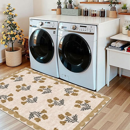 Floral Outdoor Rug - 28" x 43" Front Door Mat Indoor Outside Entrance Non-Slip Washable Outdoor Mat Beige Vintage Farmhouse Rug for Entryway Kitchen Bedroom Layered Doormat for Front Porch