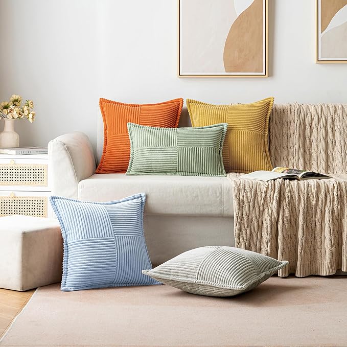 MIULEE Decorative Throw Pillow Covers for Couch Bed Livingroom 20x20 Inch Set of 2 Light Blue Boho Accent Throw Pllows Broadside Striped Patchwork Soft Corduroy Pillowcases