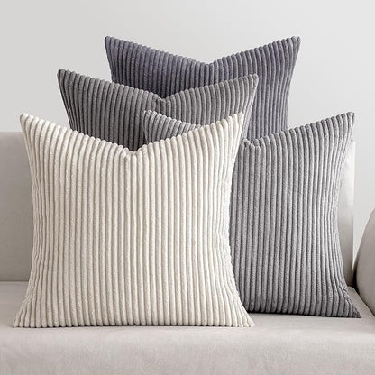 MIULEE Pack of 4 Neutral Grey Gradient Decorative Throw Pillow Covers 20x20 Inch Soft Boho Striped Corduroy Pillow Covers Modern Farmhouse Home Decor for Sofa Living Room Couch Bed