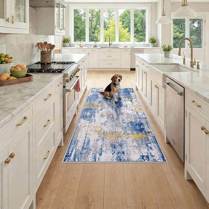 Washable Area Rugs 3x6 Non-Slip Modern Abstract Soft for Living Room Entryway Bedroom Nursery, Print Pattern, Grey Blue Gold/Golden