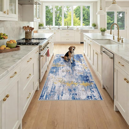 Washable Area Rugs 3x6 Non-Slip Modern Abstract Soft for Living Room Entryway Bedroom Nursery, Print Pattern, Grey Blue Gold/Golden