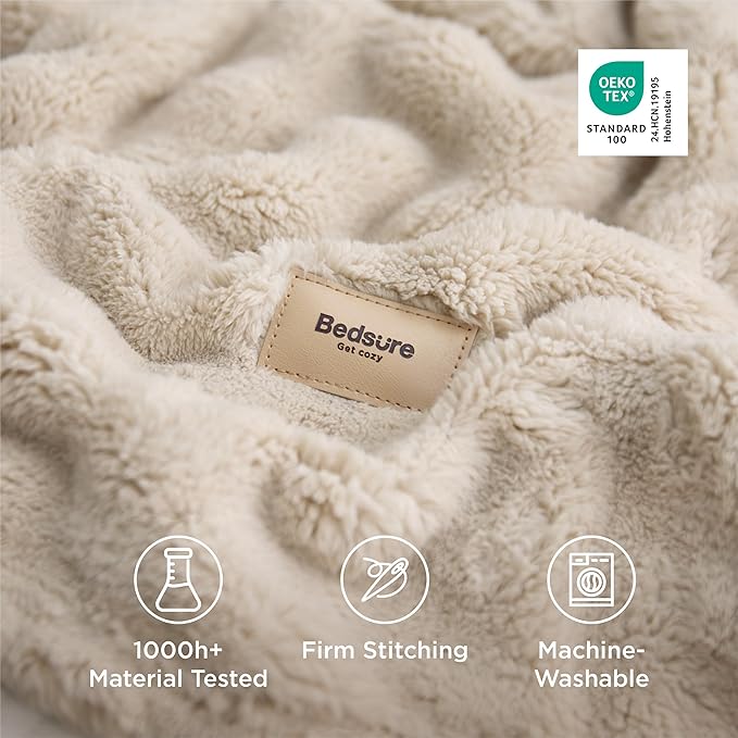 Bedsure 3D Fleece Bubble Blanket for Couch - GentleSoft Beige Throw Blanket for Sofa Bed Room Decor - Luxury Soft Cozy Gifts for Kids, Lightweight, All Seasons, Beige, 50"×60"