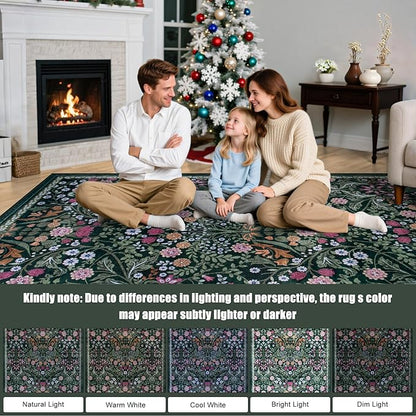 Area Rug Living Room Rugs: Floral 4x6 Washable Rug Vintage Soft Boho Non-Slip Carpet Indoor Floor Stain Resistant Large Carpets for Bedroom Dining Room Farmhouse Nursery Hallway Home Office Dark Green