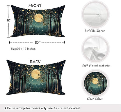 Rustic William Morris Inspired Night Moon Forest Decor Pillow Covers 18x18 Set of 2,Vintage Black and Gold Nature Landscape Botanical Decorative Throw Pillow Covers for Home Bedroom Living Room
