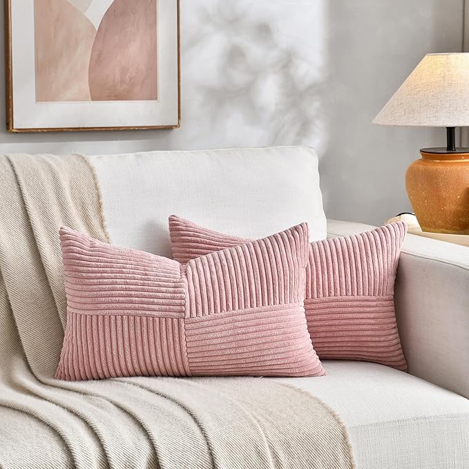 Fancy Homi 2 Packs Blush Pink Lumbar Decorative Throw Pillow Covers 20x28 Inch for Living Room Couch Bed, Rustic Farmhouse Boho Home Decor, Soft Striped Corduroy Rectangle Accent Cushion Case 50x70 cm