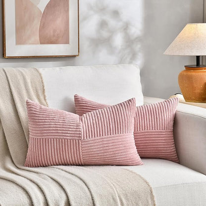 Fancy Homi 2 Packs Blush Pink Lumbar Decorative Throw Pillow Covers 16x26 Inch for Living Room Couch Bed, Rustic Farmhouse Boho Home Decor, Soft Striped Corduroy Rectangle Accent Cushion Case 65x40 cm