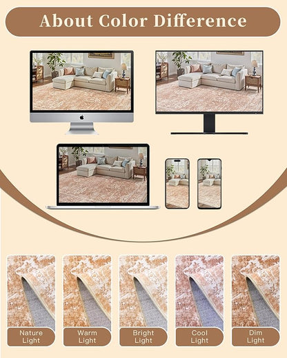 Madane Washable 6x9 Area Rugs for Living Room, Vintage Rug with Non-Slip Backing, Soft Stain Resistant Throw Rugs Thin Carpet for Bedroom Dining Room Farmhouse (6 x 9, Jasper Orange)