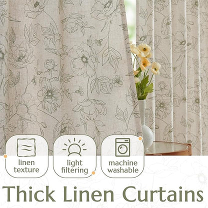 jinchan Floral Linen Curtains for Living Room 84 Inch Length Green Flower Curtain Rod Pocket Back Tab Farmhouse Curtains with Printed Floral Bedroom Window Curtain Set, 2 Panels Green