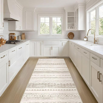 Nakagishi Runner Rug Kitchen Washable Rugs: 3x8 Non-Slip Boho Soft Modern Stain Resistant Indoor Floor Neutral Farmhouse Throw Carpet for Hallway Bathroom Laundry Room Entryway Bedroom- Brown