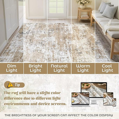 XLUEZ 5x7 Area Rugs for Living Room, Washable Modern Abstract Large Area Rug Neutral Soft Non Slip Kids Rug Stain Resistant Indoor Carpet for Bedroom Nursery Dining Room Playroom(Beige, 5'x7')