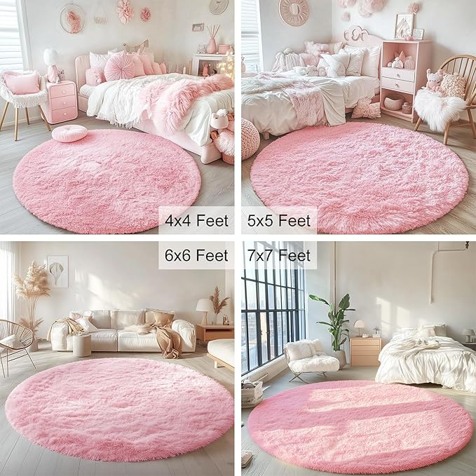 OLANLY Pink Round Rugs for Bedroom - Machine Washable, 7 ft Circle Area Rugs for Living Room, Soft and Fluffy Shaggy Carpet for Teen Girls and Boys, Nursery Rooms, Dorms, Home Decor Aesthetic