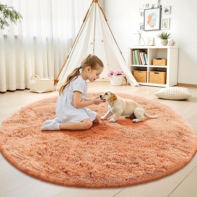 OLANLY Muted Orange Round Rugs for Bedroom - Machine Washable, 9 ft Circle Area Rugs for Living Room, Soft and Fluffy Shaggy Carpet for Teen Girl and Boys, Nursery Rooms, Dorms, Home Decor Aesthetic