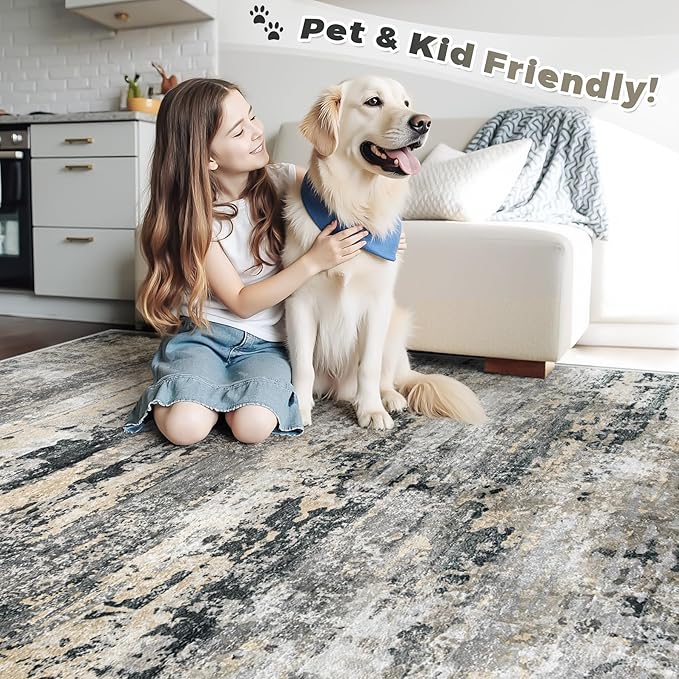 Area Rugs 5x7 for Living Room: Washable Rug Modern Abstract Neutral Soft Non-Slip Low-Pile Indoor Carpet for Bedroom Dining Room Playroom Home Office (Black Grey Brown, 5'x7')