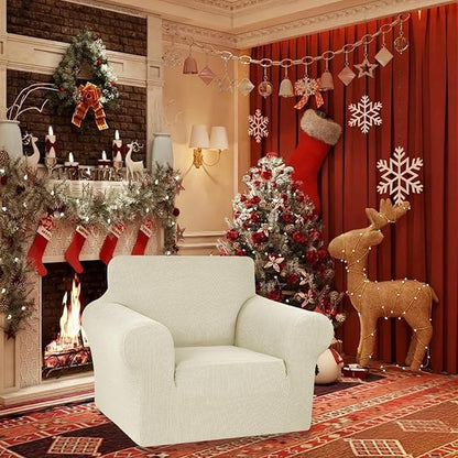 KEKUOU Stretch Single Sofa Slipcover 1 Piece Couch Sofa Cover (31"-55") Furniture Protector 1 Seater Sofa with Elastic Bottom for Kids,Pet.Jacquard Small Checked Pattern Fabric(Small,Beige)