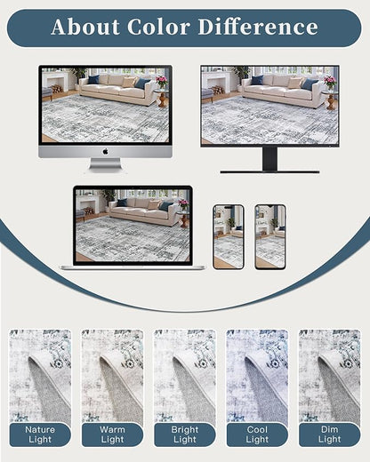 Madane Area Rugs 9x12 Living Room: Lagre Vintage Living Room Rug with Non-Slip Backing Low Pile Rugs Soft Indoor Floor Thin Carpet Non Shedding Carpets for Bedroom Dining Room Farmhouse Blue/Grey