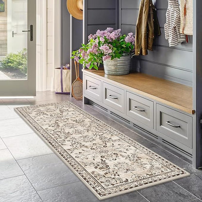 Yamaziot Washable Runner Rug 2x10 – Floral Non Slip Boho Hallway Runner Rug with Rubber Backing, Low Pile Faux Wool Distressed Carpet for Kitchen, Laundry, Bedroom, Entrance, Brown
