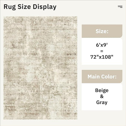 6x9 Abstract Area Rugs for Living Room 6 x 9 Washable Non Slip Low Pile Gray Rugs for Bedroom Dining Room Foldable Thin Beige Gray
