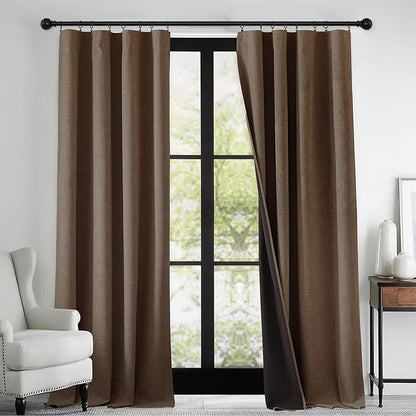 RYB HOME 100% Blackout Linen Textured Curtains 108 inches Long, Thermal Insulating Privacy Energy Saving for Bedroom Living Room Window Office Theater Patio Door, W 52 x L 108 in, Coffee, 2 Panels