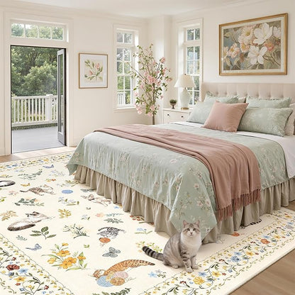 Cat 8x10 Area Rugs for Living Room, Machine Washable Animal Floral Vintage Rug Non-Slip Low Pile Soft Throw Large Rugs for Bedroom Dining Room Kitchen Nursery Playroom (8 x 10,Beige)