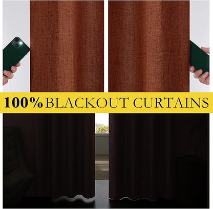 NICETOWN 100% Absolutely Blackout Linen Curtains with Thermal Insulated Liner, 42" Wide, 2 Panels, 63" Long Drapes, Grommet Retro Burnt Orange Linen Curtains Vertical Drapes Privacy for Bedroom
