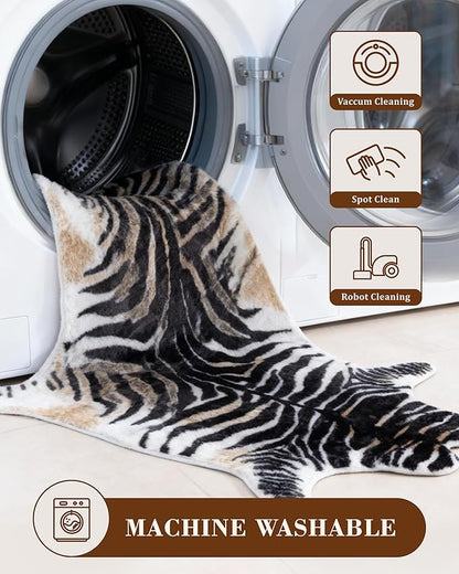 Zebra Print Rug for Living Room, Faux Fur Zebra Hide 5.2x7 Feet Animal Skin Rug for Bedroom Nursery Black and White