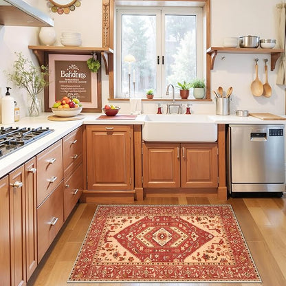 SERISSA Boho Rugs for Entryway, 2x3 Washable Non-Slip Entryway Rug Small Area Rug, Ultra Soft Oriental Vintage Red Low-Pile Indoor Door Mat Floor Carpet for Entrance Bedroom Kitchen Bathroom