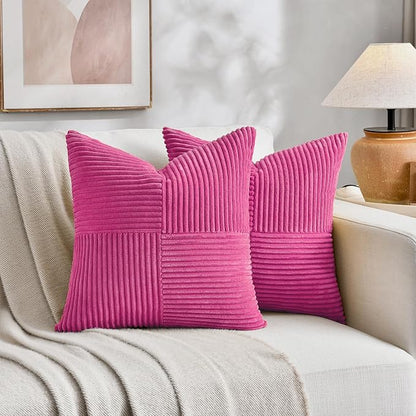 Fancy Homi 2 Packs Hot Pink Decorative Throw Pillow Covers 18x18 Inch for Living Room Couch Bed Sofa, Rustic Farmhouse Boho Home Decor, Soft Corss Corduroy Patchwork Textured Cushion Case 45x45 cm