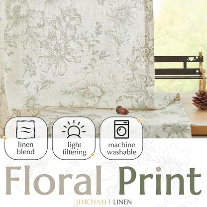 jinchan Linen Floral Curtains 96 Inch Length for Living Room Bedroom Light Filtering Farmhouse Peony Flower Drapes Rustic Window Curtain Set Rod Pocket Back Tab 2 Panels Green
